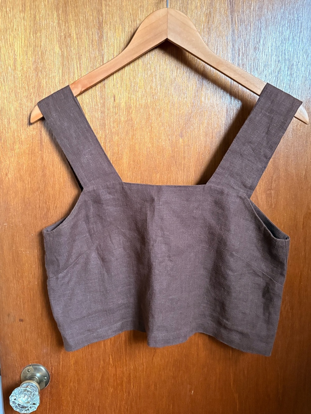 100% Linen Square-Neck Crop Top in Rich Chocolate Brown